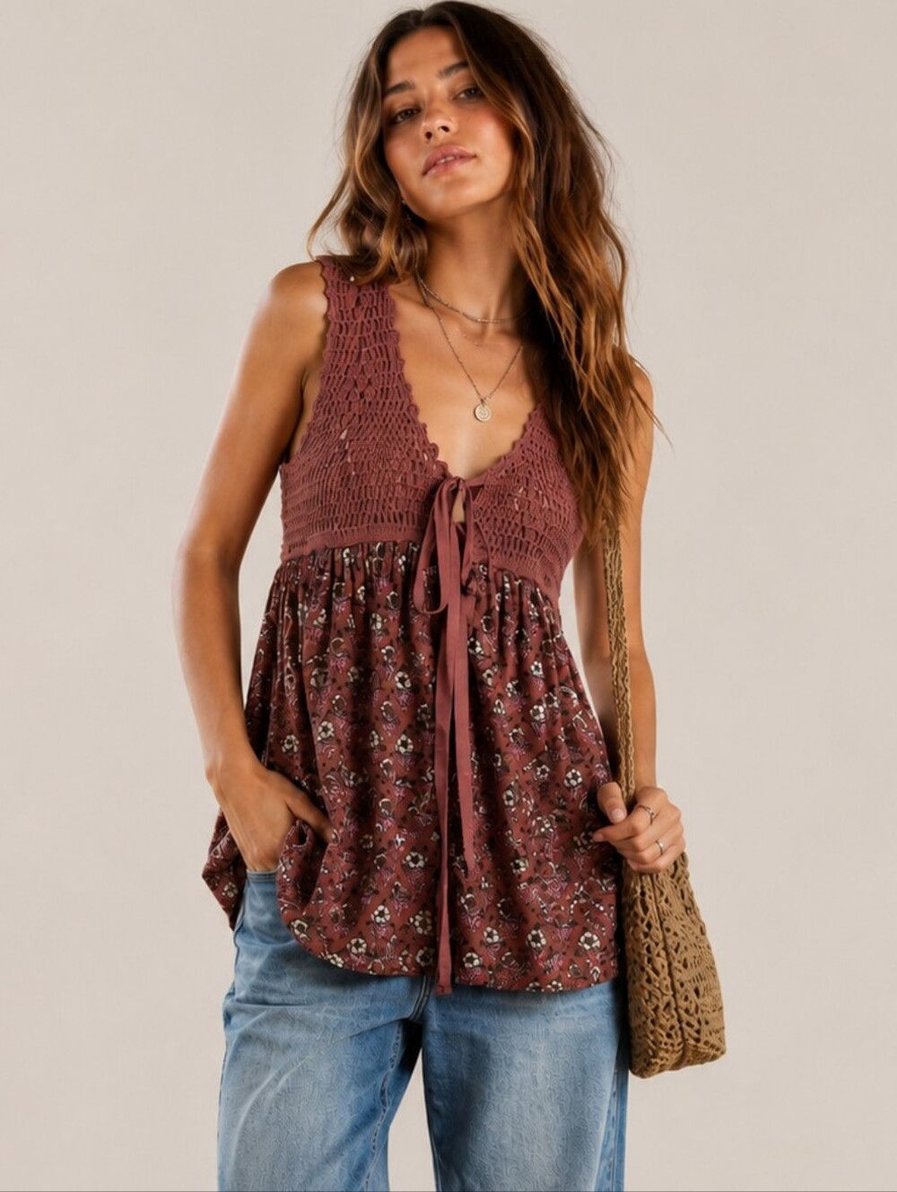 Free People Honey Pie Babydoll Tunic Crochet Floral Boho Top Medium